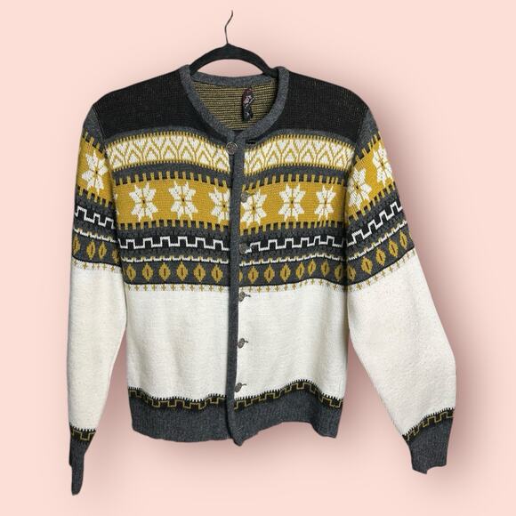 Vtg Fair Isle Snowflake Sweater Gray Yellow Cardigan Grandpa Winter Medium Ski